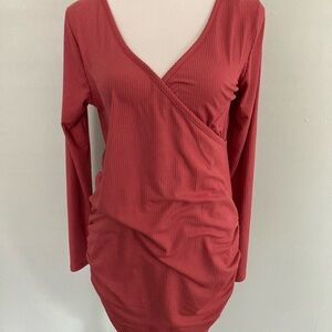 Due Time Maternity Coral Red Long Sleeve Ribbed Wrap Dress Medium